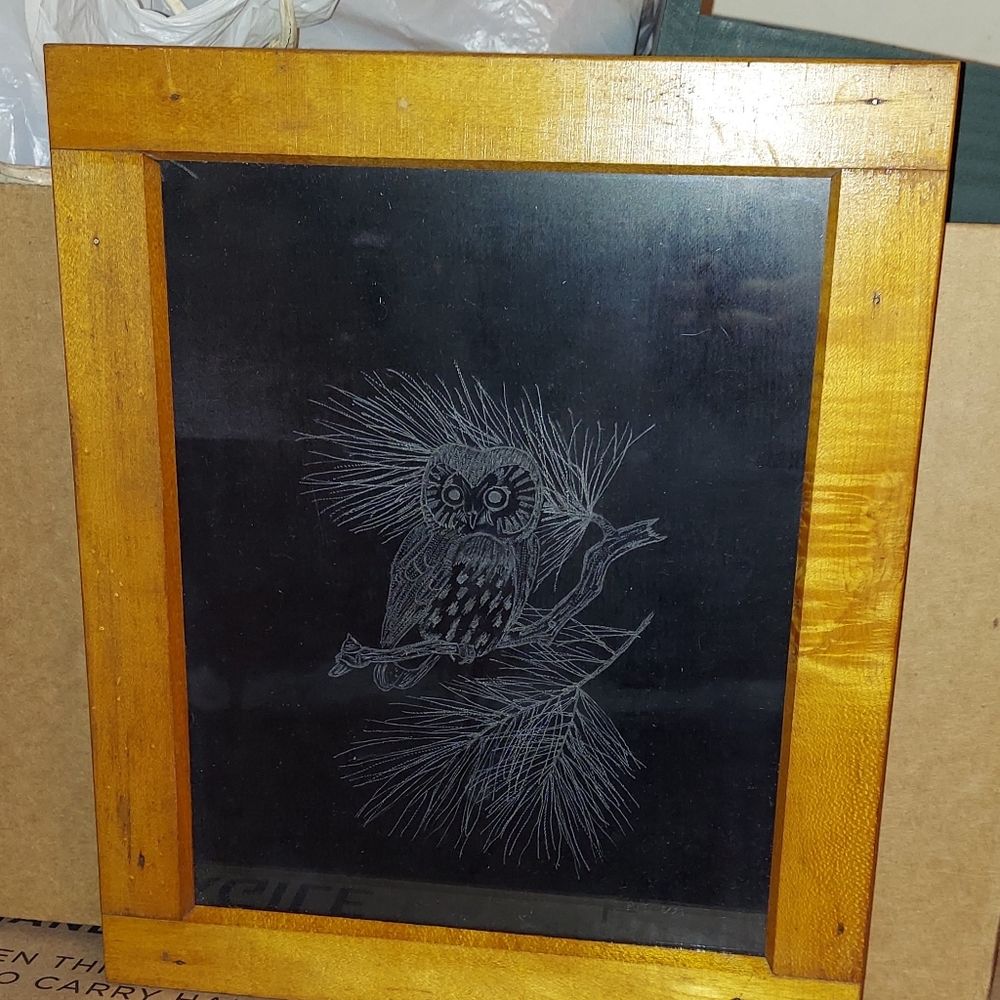 Vintage Hand Crafted Etched Snow Owl on Glass Picture Signed artist 1 of a Kind